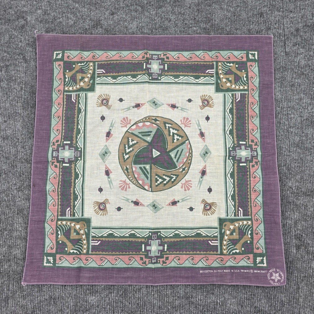 Vintage Wamcraft Southwestern Bandana Purple Green Tribal Bird Made in USA 21x21